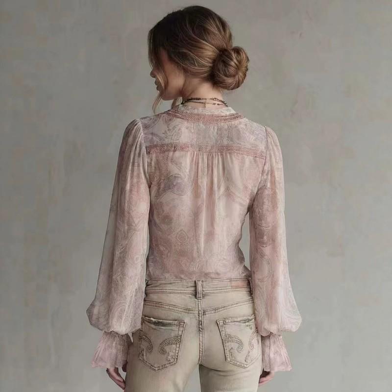 V-Neck Lace Knotted Twist Two-Piece Long Sleeve Top Women Streetwear Chic With Geometric Print High Stretch Ammonia Blend