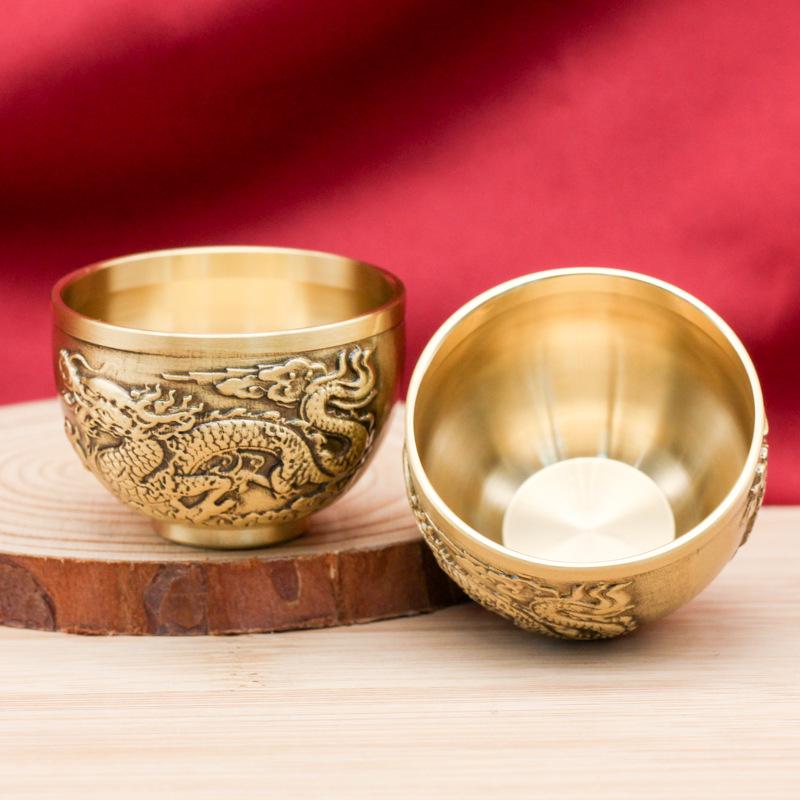 Brass Dragon & Phoenix Cup: Embossed Tea Mug with Hundred Blessings Design - Office Treasure Gathering Basin Ornament