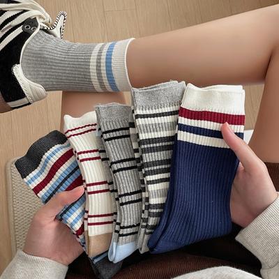 5 Pairs of Women's Spring and Autumn Striped Cotton Wicking Anti Pilling Mid Tube Socks