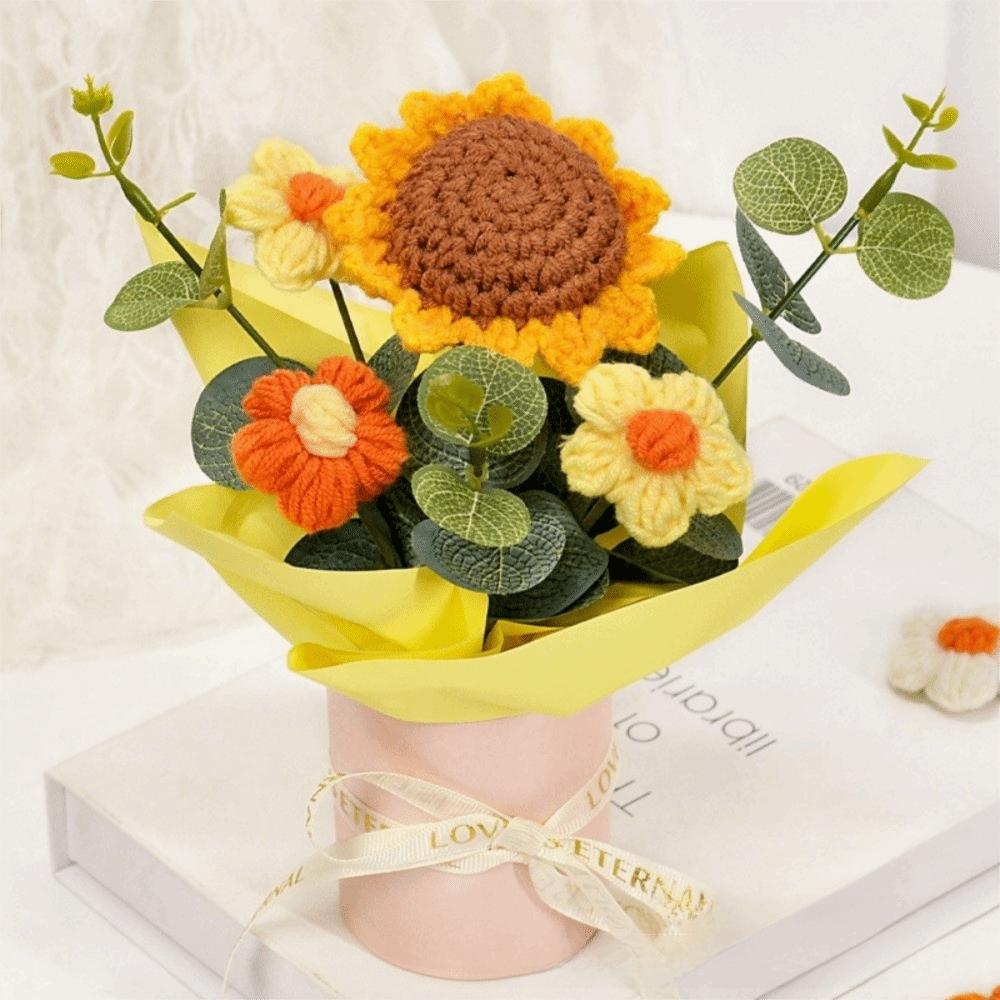 Puff Flower Crochet Bouquet Eternal Flower Desk Decoration Artificial Flower Bouquet Handmade Crochet Yarn Bouquet