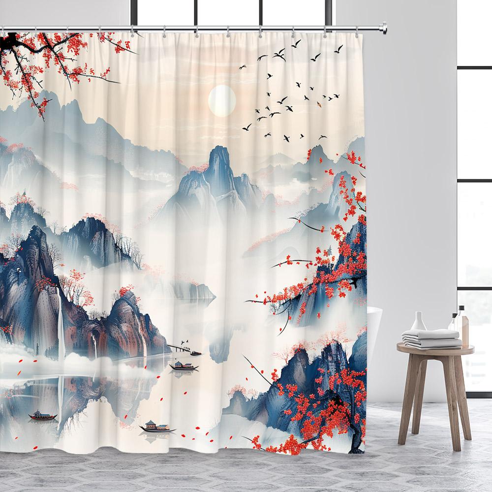 Ink Landscape Shower Curtain Abstract Mountain Water Red Floral Birds Chinese Style Bath Curtains Home Bathroom Decor with Hooks