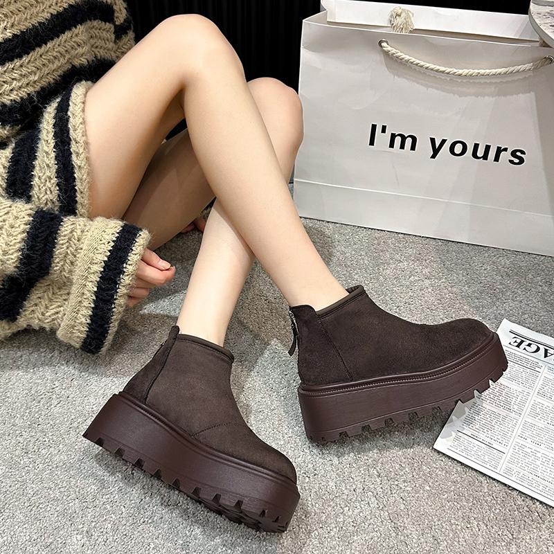 Mode Damenmode Keilabsatz Baumwollstiefel Winter Neu Runde Spitze Wildleder Reißverschluss hinten Dicke Sohle Rutschfest Kurze Schneestiefel