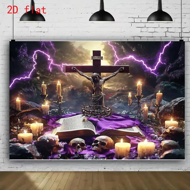 2D Crucifixion Scene with Skulls & Lightning Photo Backdrop for Holy Week