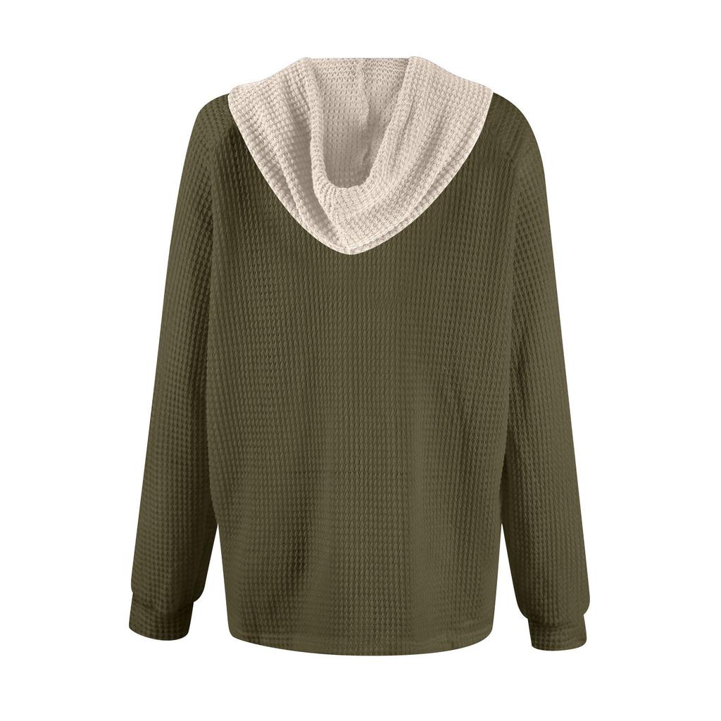 Damska bluza z długim rękawem i ściągaczem w blokach kolorów, z kapturem i guzikami, z dekoltem w serek, w swobodnym stylu