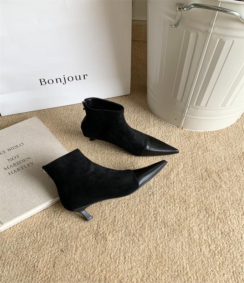 2025 autumn and winter new pointed suede splicing thin heel medium heel short boots high heel elastic thin boots socks boots women's shoes