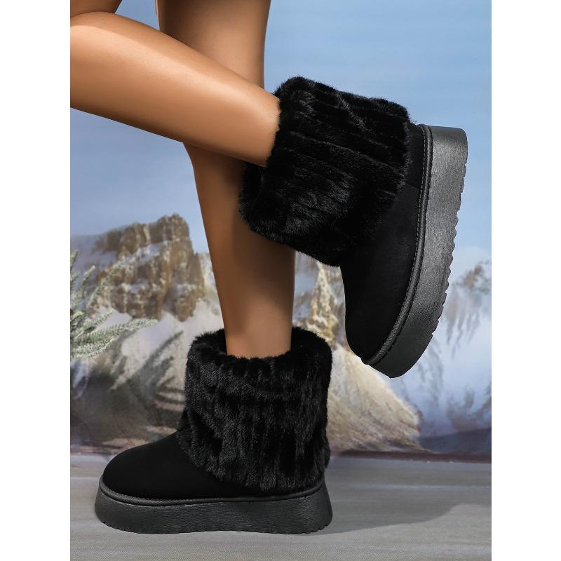 Women's Thick-Soled Snow Boots 2025 Winter New Style Fashionable Fleece-Lined Warm Mid-Calf Boots Turned-Up Legs with Fur Trim