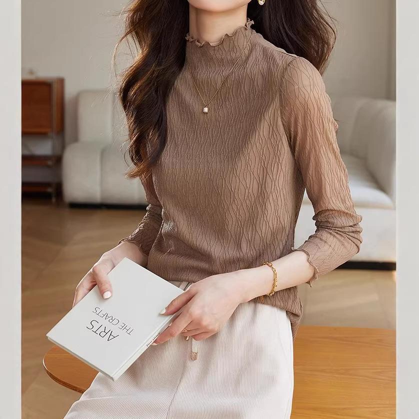 Textured lace bottoming shirt women s spring new lace semi-turtleneck long-sleeved T-shirt top S