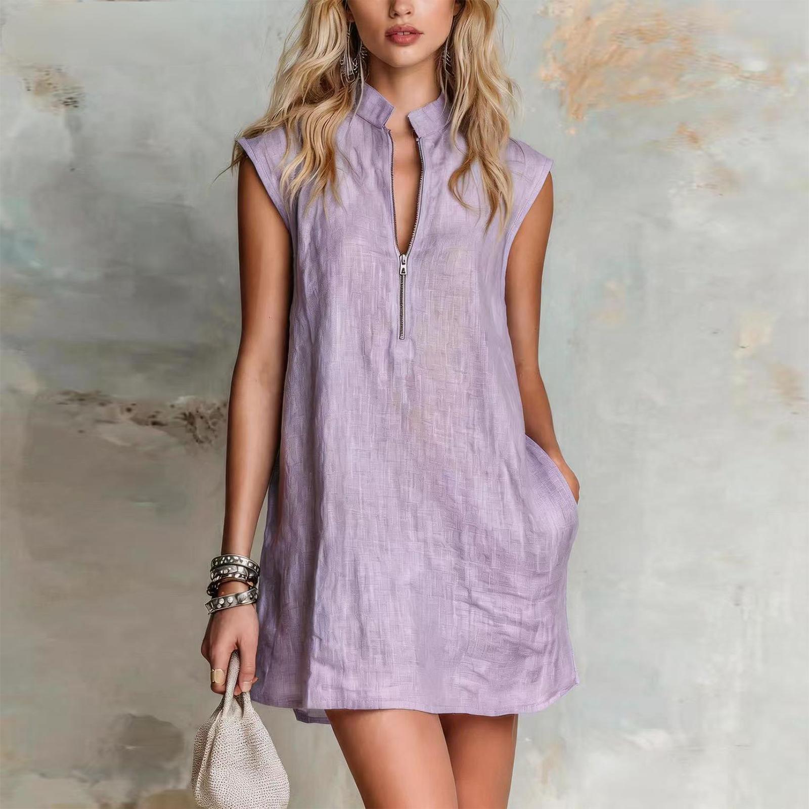 Women Stand Collar Half Zip Sleeveless Loose Fit Casual Vacation Dress Lightweight Relaxed Style XL