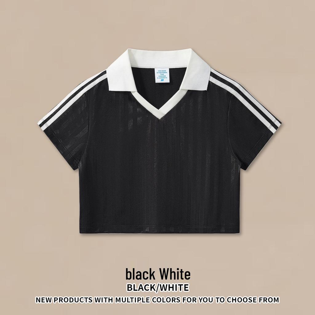 RS Women's Retro V-Neck Football T-shirt - Patchwork Stripes, Short Sleeve, USA/Canada/Mexico Sports Style