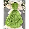 Wooden Ear Silm Long Pleated Chiffon Dress