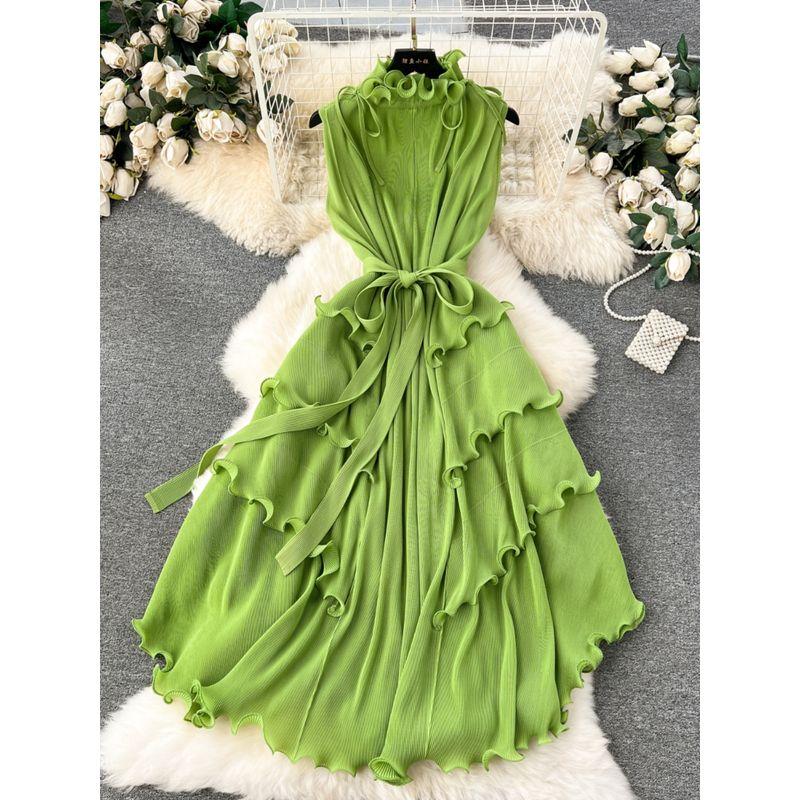 Wooden Ear Silm Long Pleated Chiffon Dress