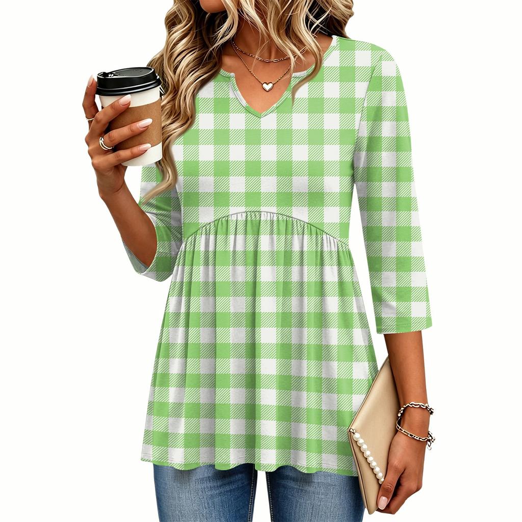 Women's Casual Plaid Print V-Neck Blouse with Three-Quarter Sleeves for Everyday Outfits