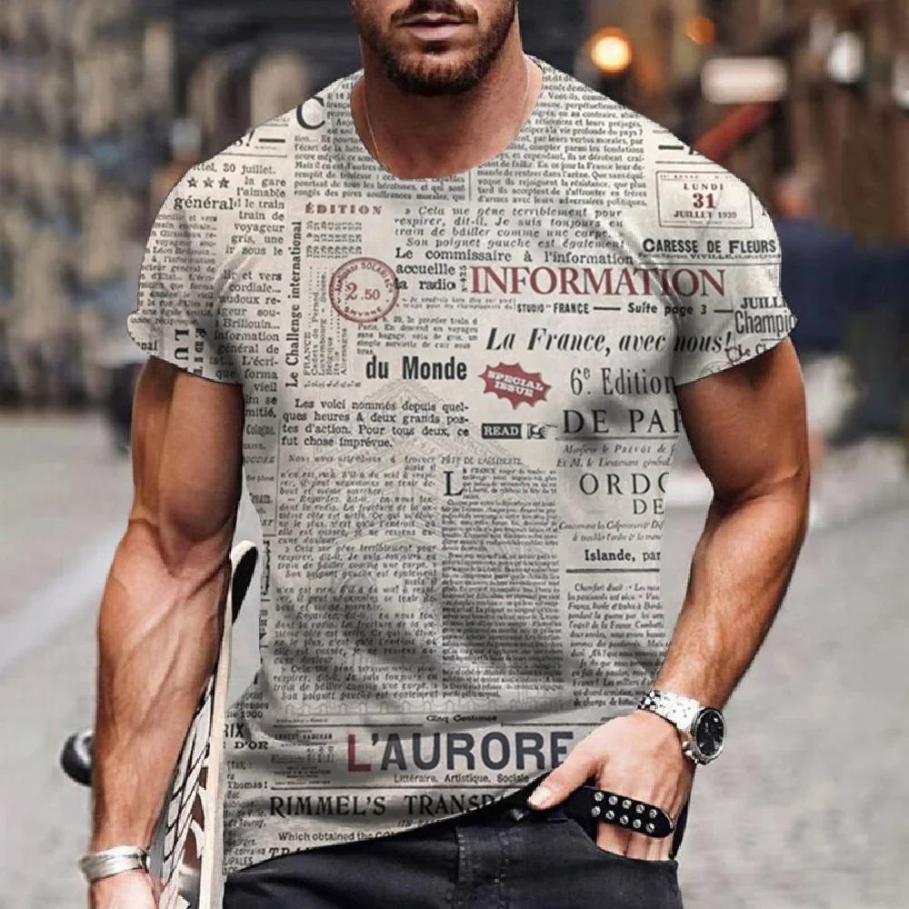 Classic Retro Old Newspaper Men's Printed T-shirt Casual Fashion Hip Hop Fun Loose Short Sleeve Street Trend Large Top