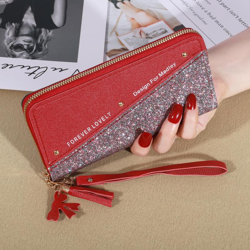 New Long Women's Zipper Wallet - Korean Splicing, Color Contrast, Tassel, and Rivet Details
