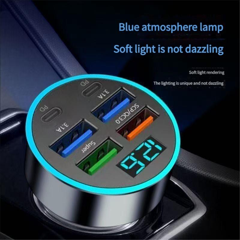 Practical Metal Plastic Car Charging Adapter with 4 USB Ports Real Time Current Voltage Screen Display for Car Use