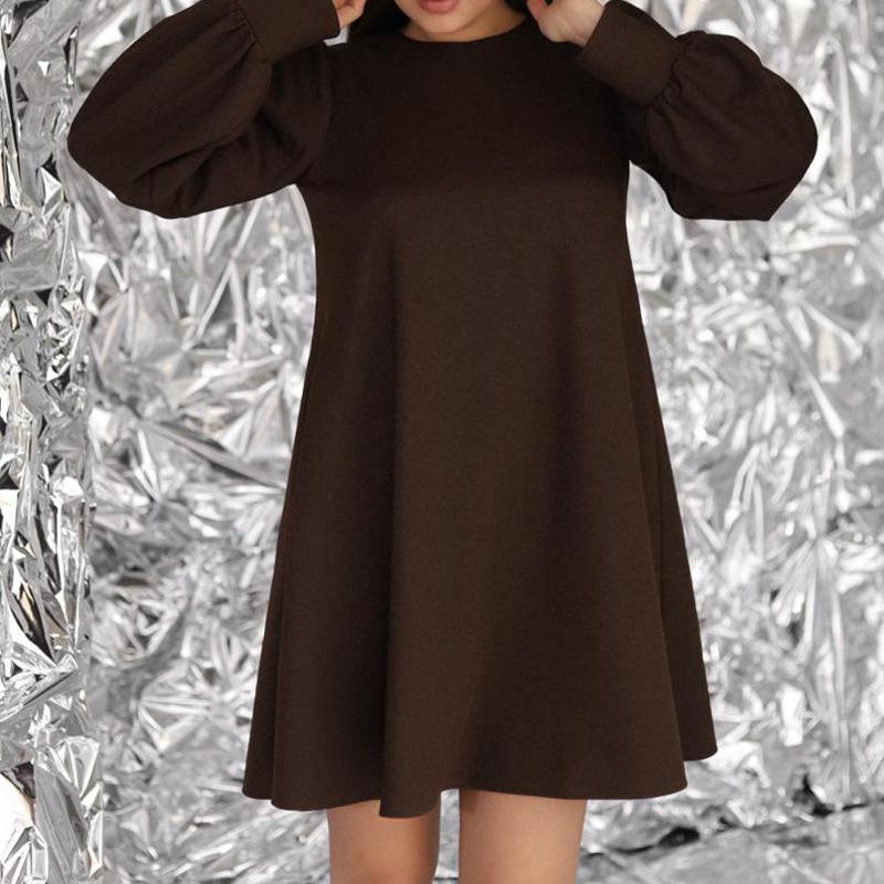 

2025 Европейское и американское женское однотонное платье с длинным рукавом и приталенным силуэтом L каштановый