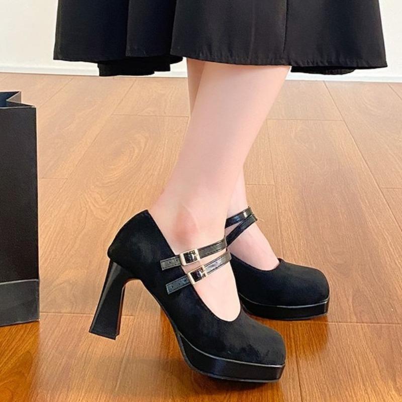 Women's Shoes High Heels 2026 New Spring and Autumn Square-headed Button with Thick Heel