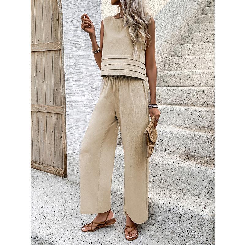 Women's Casual Suit Top Trousers Two Piece Sleeveless Short Top Fashion Casual Suit
