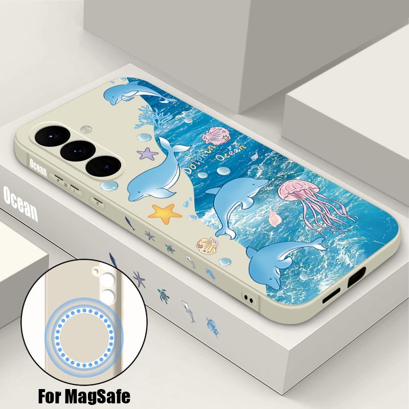 Blue Ocean Dolphin Print Case For Samsung Galaxy S26 Ultra S25 FE S24 S23 S22 Plus S21 FE Built-in Metal Plate Magnetic Silicone Cover