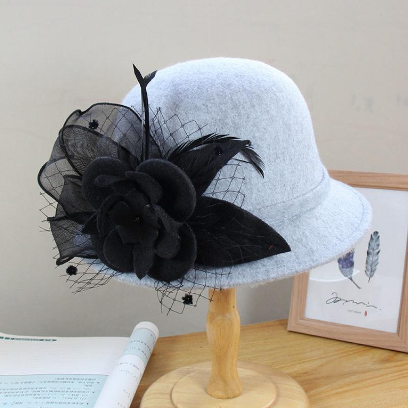 Women S Elegant Warm Wool Blend Round Top Wide Brim Hat With Flower Decoration