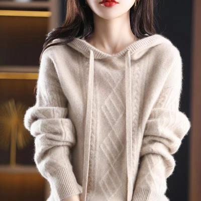 Sweter jesienno-zimowy 2022 dzianina z kapturem smażone ciasto Twist sweter z długim rękawem damski luźny sweter z dzianiny