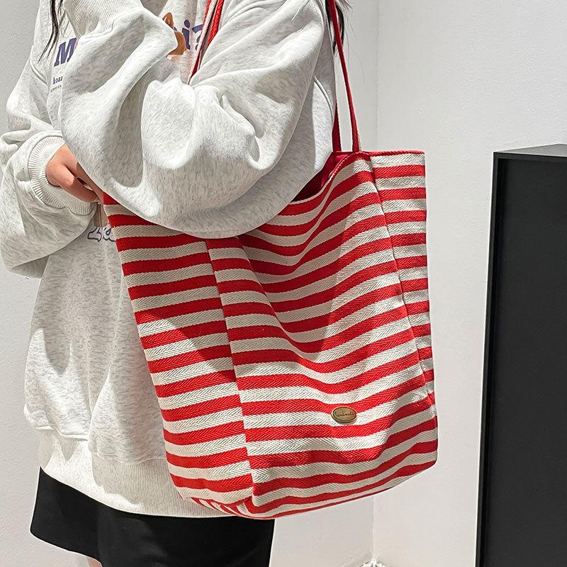 Artistic Style Casual Striped Tote Bag, Sweet Double-sided Single-shoulder Bag for Women