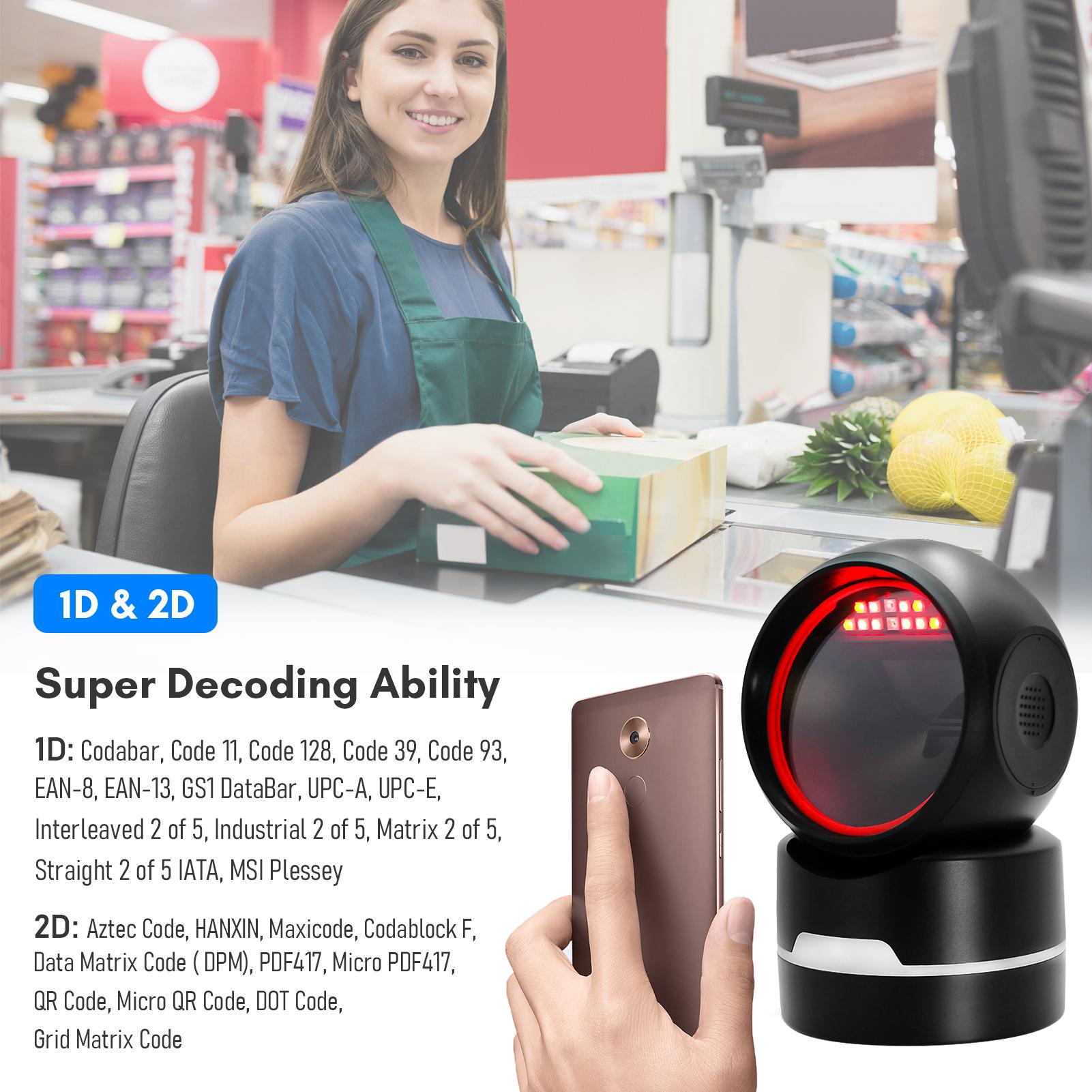 

BISOFICE 1D 2D QR Desktop Wired Bar Scanner Hands- Automatic Sense Reader USB Port Plug&Play Compatible with Window System Im