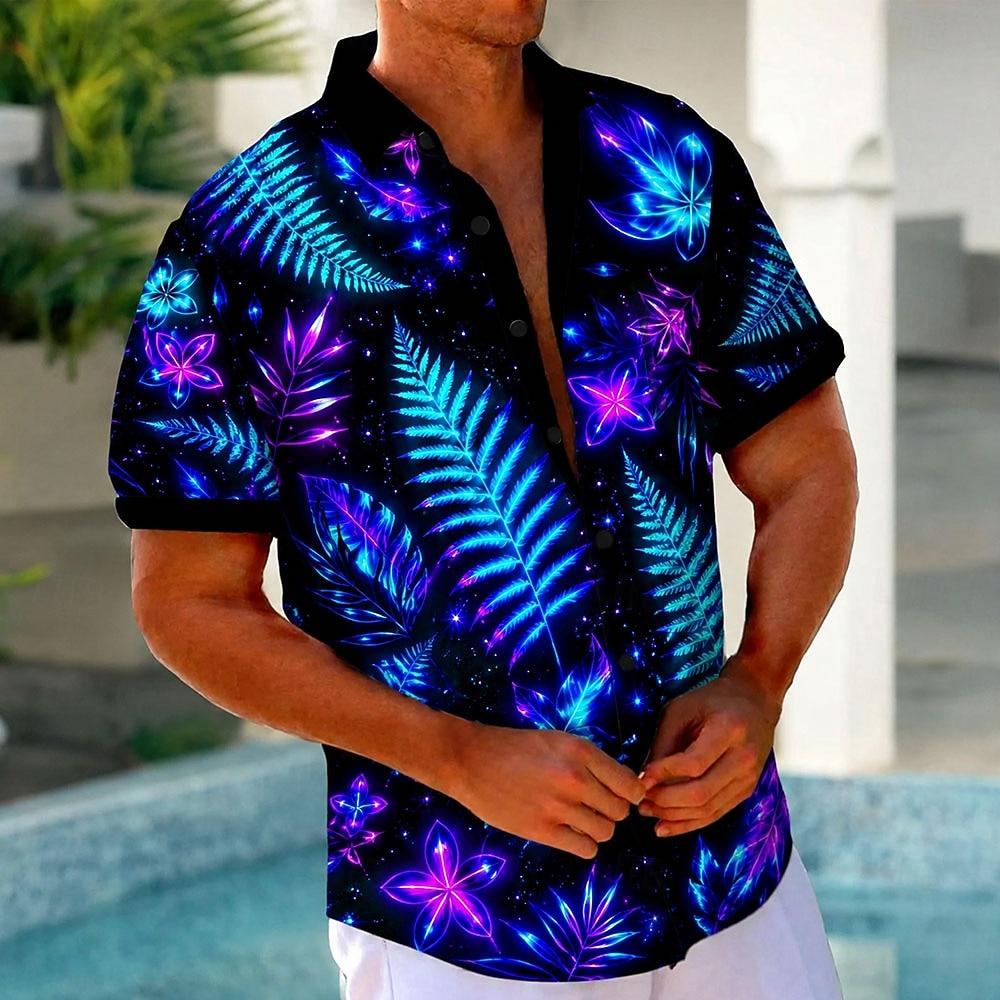 Herren Tropische Pflanzen Neon Leuchtende Blume / Blumiges Hemd Sommer Hawaiianisches Hemd Tropische Hemden Kurzarm