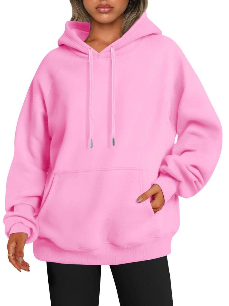 European 2023 Women's Autumn/Winter Plus Velvet Solid Color Loose Hooded Sweatshirt