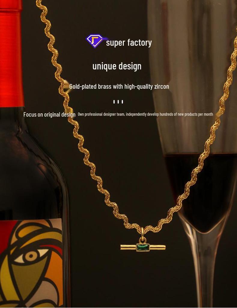 18K Gold Plated Korean Retro Curved Chain Necklace with Emerald Zircon for Women (Autumn/Winter)