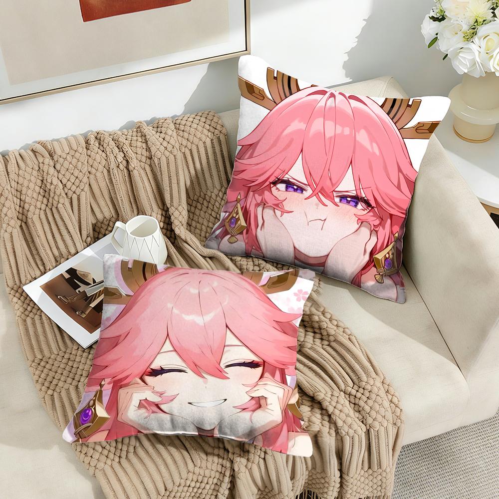 Yae Miko Genshin Impact Cushion Cover Silky Short Plush Invisible Zipper Dustproof Sofa Pillow Case For Home Decor