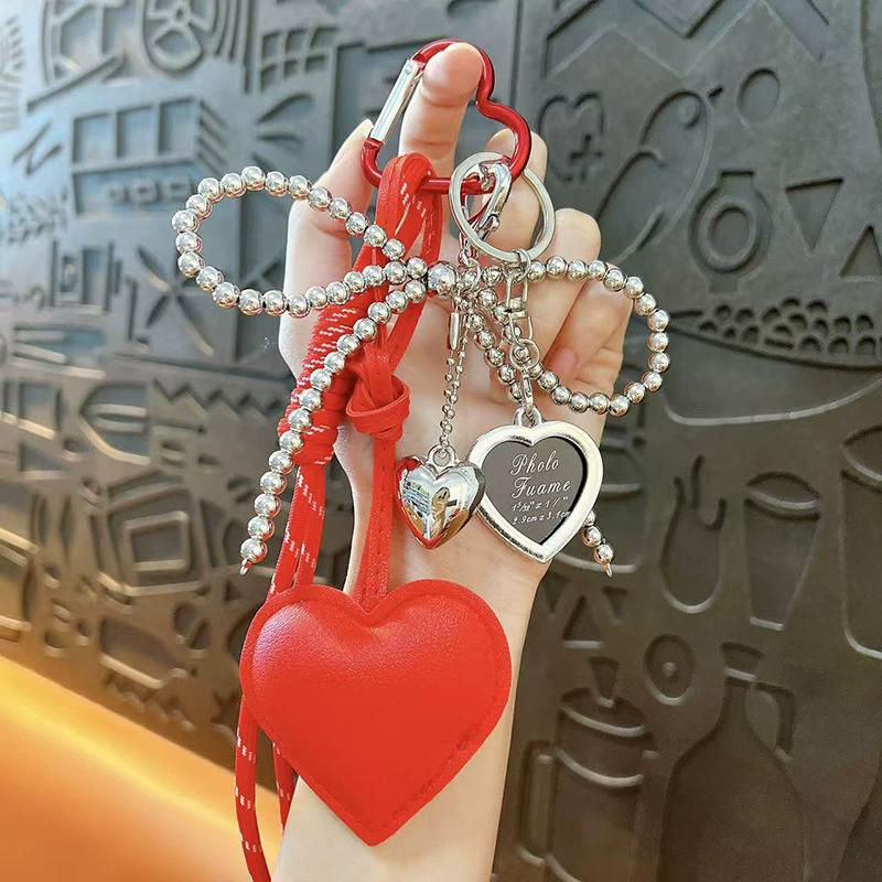 Trendy Leather Heart Bow Keychain Delicate Beaded Keyring Car Key Holder Bag Pendant Decoration For Girls Gift