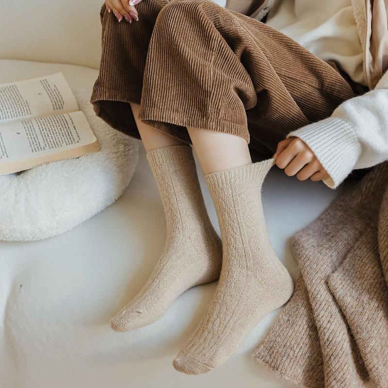 1 par de meias femininas de lã de caxemira quente para outono e inverno, meias femininas grossas, térmicas, de cor pura