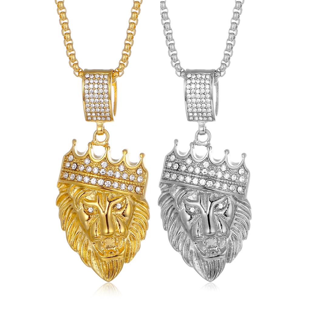 Hot-selling Hip Hop Jewelry Titanium Steel Gold-plated Diamond-studded Lion Head Pendant Necklace