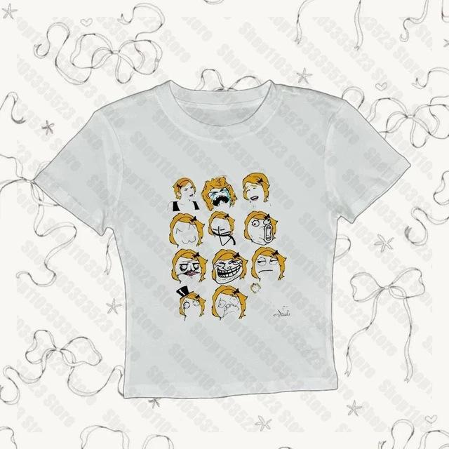 European and American Summer New Round Neck Pullover Short Sleeve Letter Multi-picture Printing Off the Navel European and American Women's Top T-shir