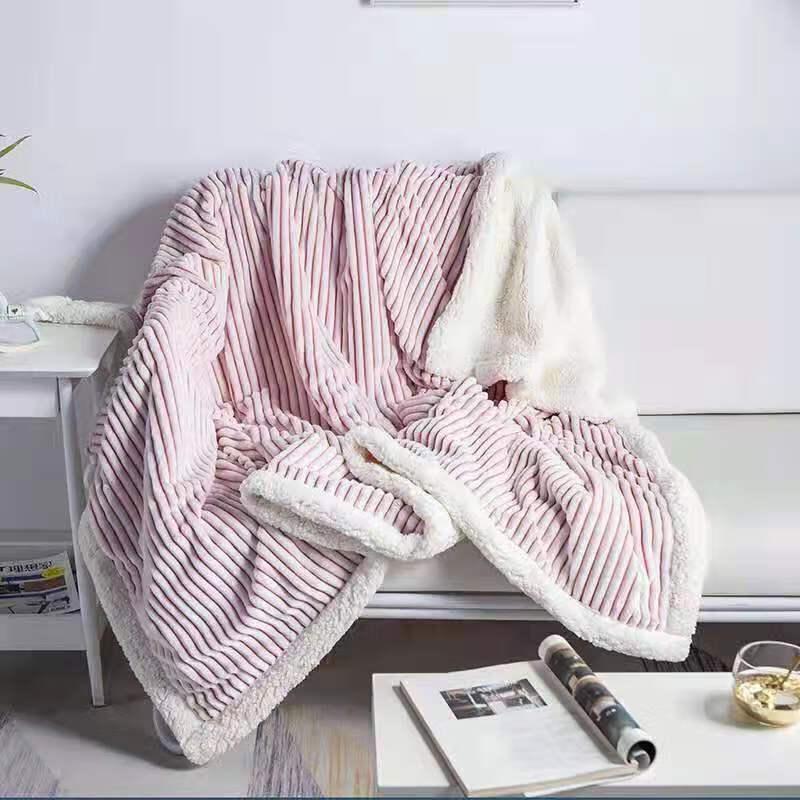 OEING Striped Flannel Coral Fleece Blanket