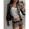 Women Slim Fit Round Neck Striped Knit Cardigan Long Sleeve Shorts Two Piece Set