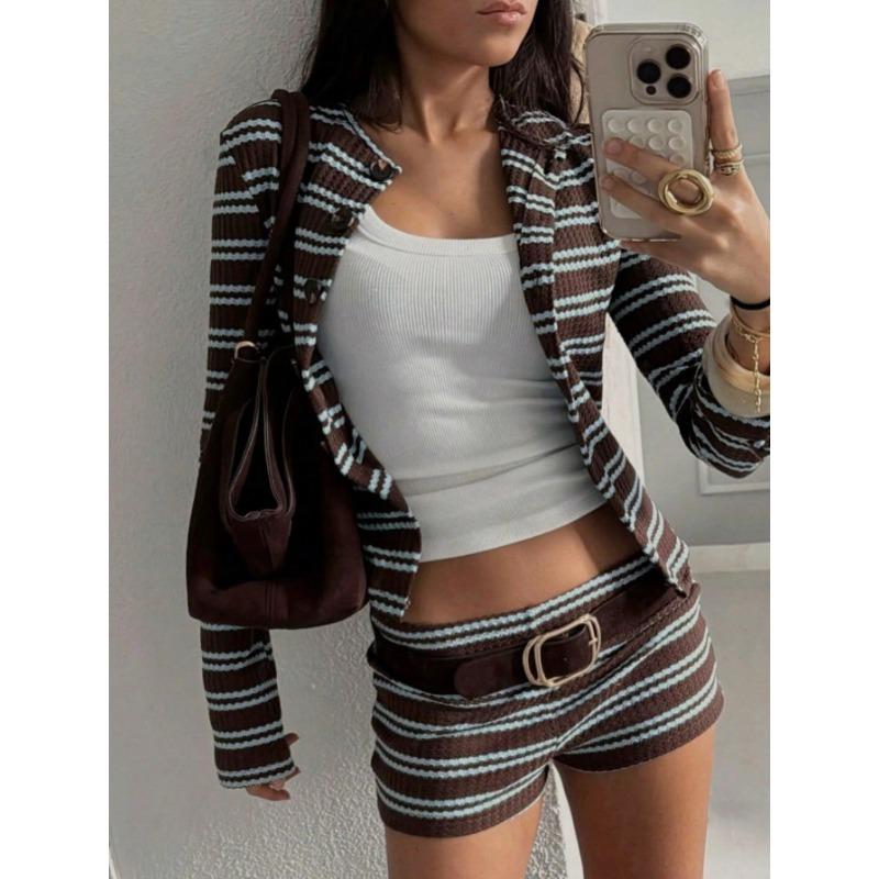 Women Slim Fit Round Neck Striped Knit Cardigan Long Sleeve Shorts Two Piece Set