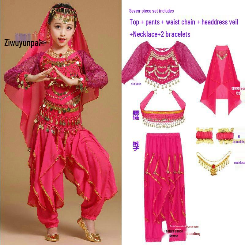 Costume da Danza Indiana per Bambini: Costume per Esibizione di Danza del Ventre e Minoranze dello Xinjiang per Bambina
