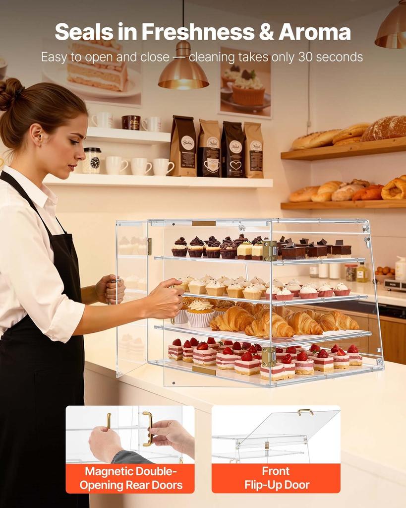 Bakery Display Case, 4-Tier Commercial Countertop Pastry Display Case, Clear Acrylic Bread Box for Kitchen, Party Cake Cabinet with Magnetic Rear Door