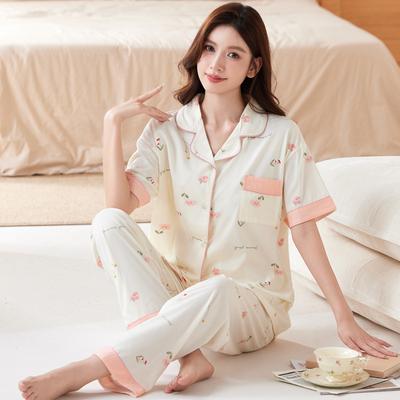 Sweet High-end Pajamas Women's Summer New Imitation Cotton Short-sleeved Trousers Autumn Medium Large-size Loungewear
