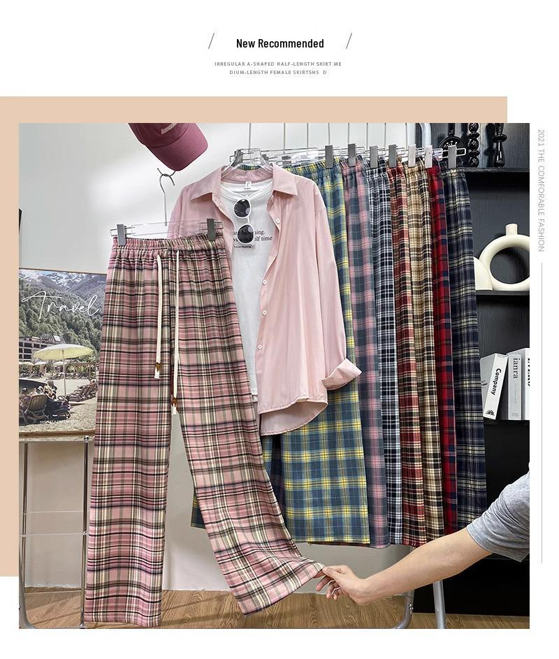 145cm Vintage Pink Plaid Drawstring Wide Leg Pants - Women's Slimming Straight Leg Summer Casual Loose Fit