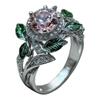 Delicate Bright Pink Zircon Lady Green Leaf Oil Drop Flower Plant Ring Gift
