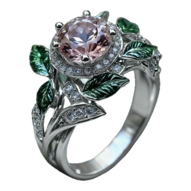 Delicate Bright Pink Zircon Lady Green Leaf Oil Drop Flower Plant Ring Gift