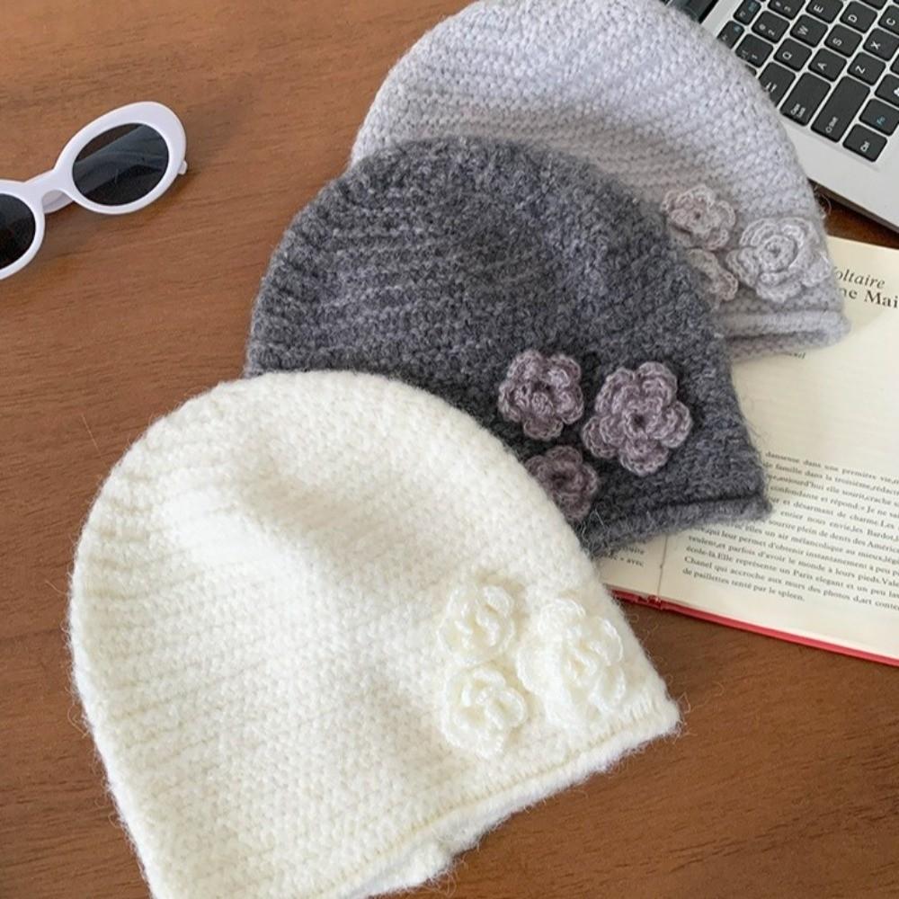 Solid Color Knitted Woolen Hat Elastic Flower Beanie Hat Sweet Winter Warm Hat  Women