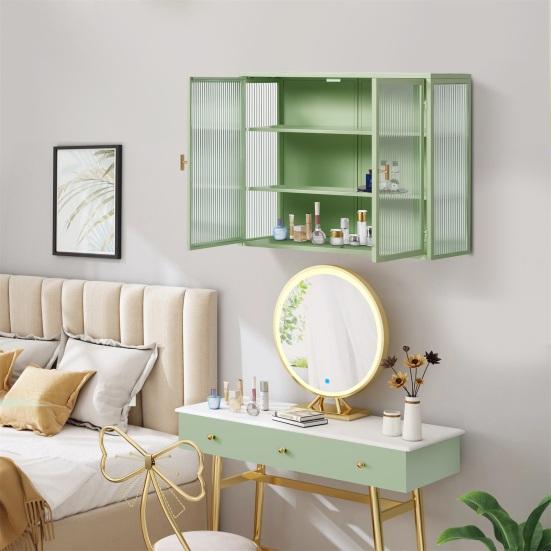 Wall Cabinet Modern Glass Double Doors Three Tiers Detachable Shelves Golden Handle Entryway Living Room Kitchen Bathroom Wood Storage Sideboard