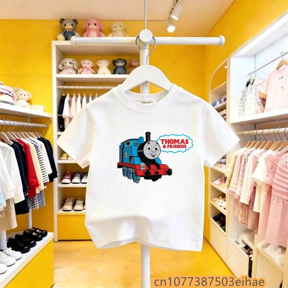 Summer Children Short Sleeve Tshirt Thomas Train Cartoon Print Pure Cotton Y2K Trendy Fun Top Breathable Daily Outdoor Outfit