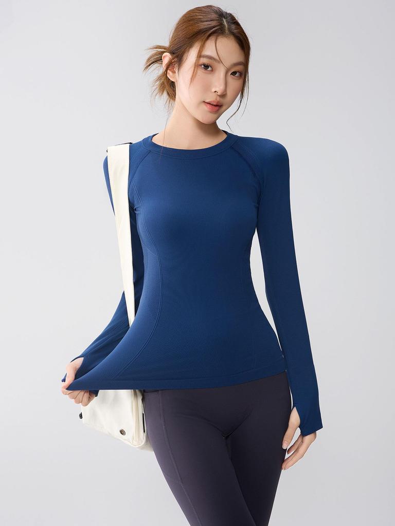 Women's Slimming Long-Sleeve Pilates & Running T-Shirt with Finger Cots - High-End, Tight-Fitting Fitness Top
