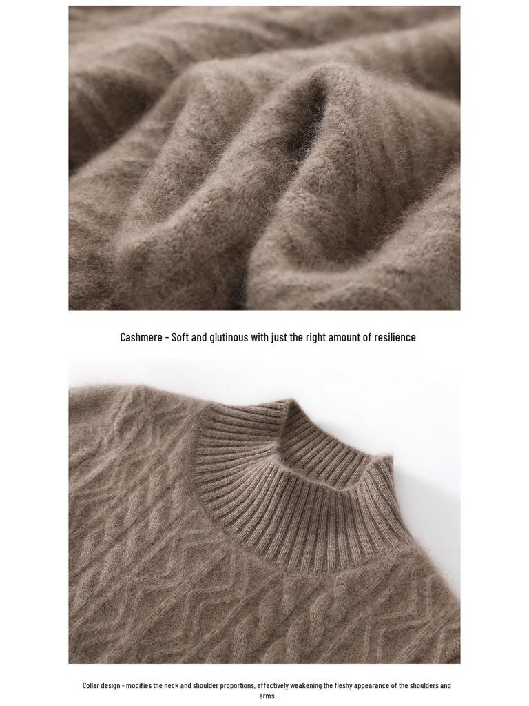 Women's Cashmere Half-High Neck Sweater, Autumn/Winter 2025, Seven-Needle Cable Knit, Loose Fit, Versatile Pullover.