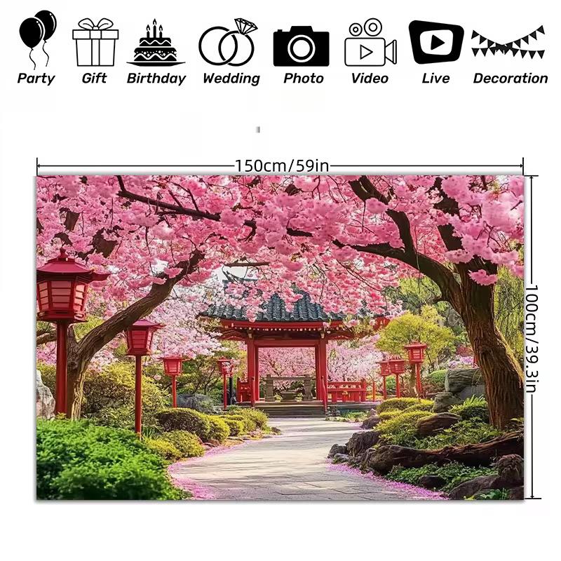 

2D Japanese Cherry Blossom Shrine Backdrop Sakura Garden Background 47.2x31.5inch/120*80cm